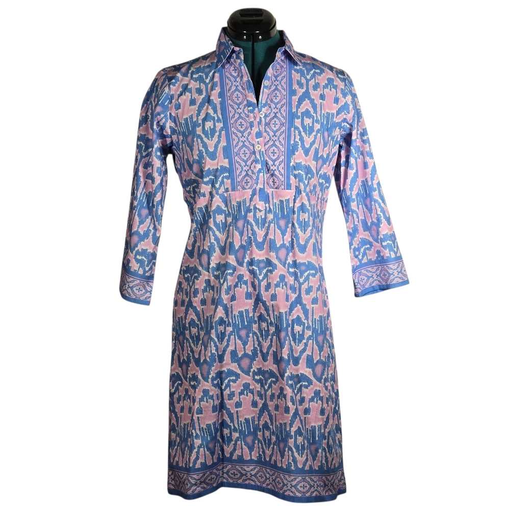 Bella Tu Charlie Shirt Dress Blue Pink White Ikat Print Small Vacation Coastal
